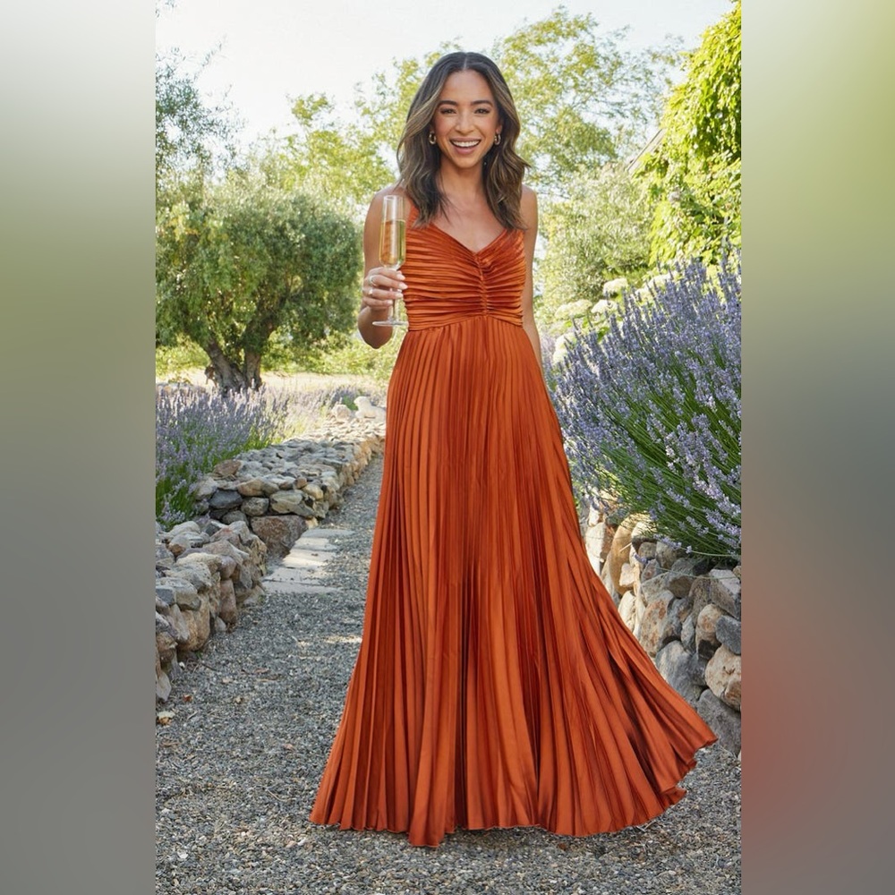 Petal & Pup Burnt Orange Pleated V-Neck Maxi Dress